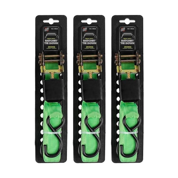 3PK AutoShift Heavy Duty Ratchet Tie Down 250kg Capacity w/Auto-Lock 4m Green