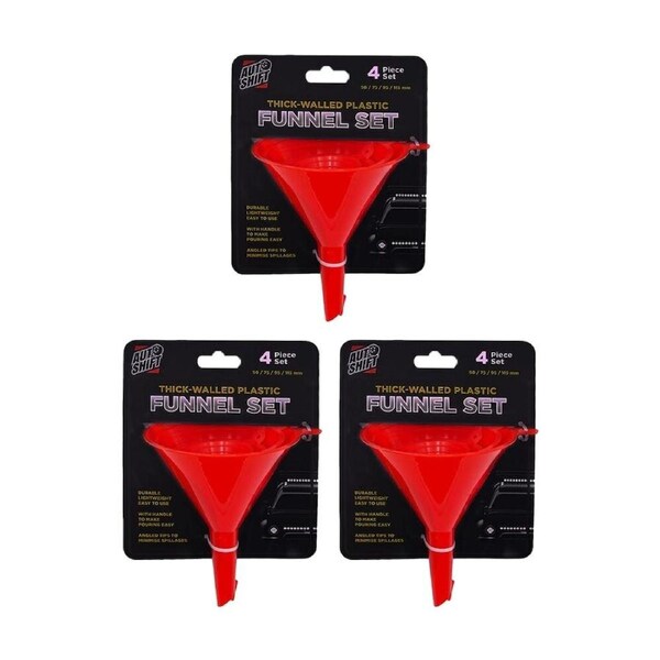 3x 4pc AutoShift Thick-Walled Plastic Funnel Set Automotive 50/75/95/115mm Red