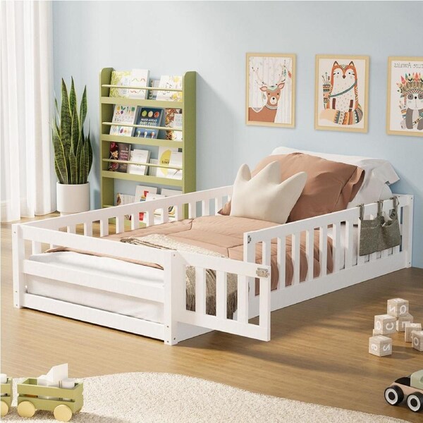 Oikiture Kids Bed Frame Single Floor Beds Timber Wood Gate Guard Fence White