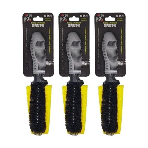 3PK AutoShift 2-in-1 Brush Tyre & Wheel Deluxe Dual Bristle/Sponge Car Cleaning