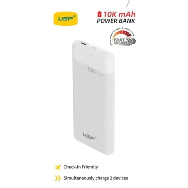 USP 10K mAh Power Bank White - 20W Fast Charge, 2 USB-Outputs, 1x USB-C, 1x