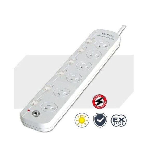 Sansai 6-Way Power Board (661SW) with Individual Switches and Surge Protection