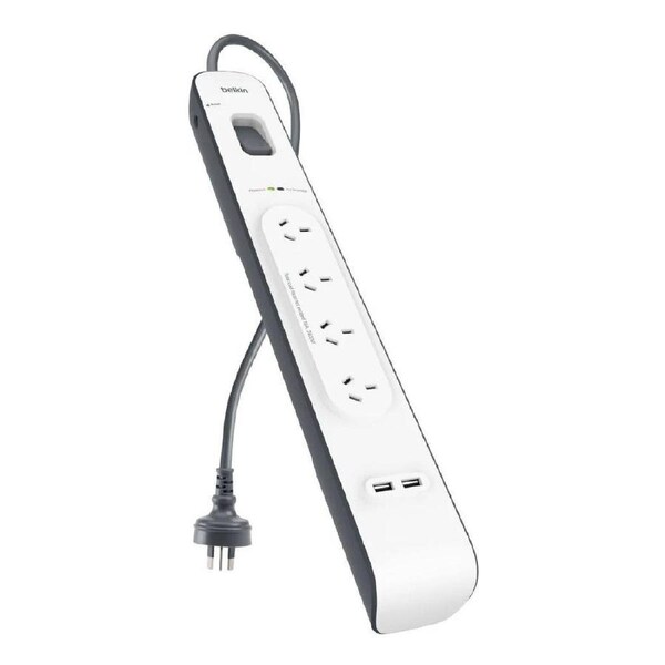 Belkin SurgePlus 4-Outlet 2-Meter Surge Protection Strip With Two (2.4) Amp USB Charging Ports - White (BSV401au2M), 2M Power Cord, 2 Years Warranty