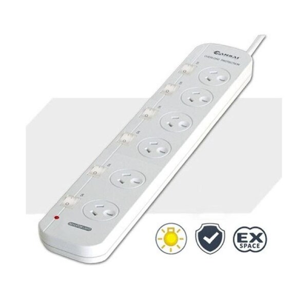 Sansai 6 Way Powerboard 6 Outlet 10A 240V Individually Switched 3 extra spaced