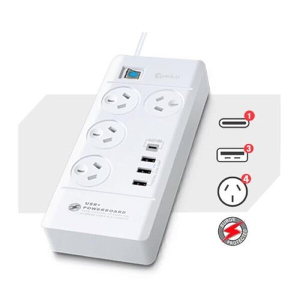 Sansai 4 Outlet 3xUSB-A & 1xUSB-C Powerboard Master On/Off switch Surge and overload protected Fast charging 1M 20W 220-240V 10A IV Retail box