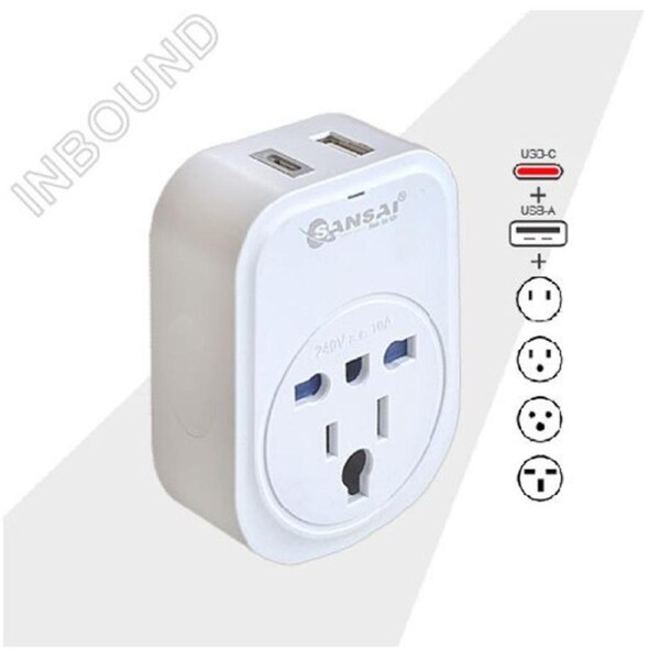 Sansai USB Travel Adaptor USB A + C 2xUSB Charging Outlets 100-240VAC 10A 2400W Compatible with plugs from many countries