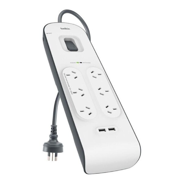 Belkin SurgePlus 6-Outlet 2-Meter Surge Protection Strip With Two (2.4) Amp USB Charging Ports - White (BSV604au2M), 2M Power Cord, 2 Years Warranty