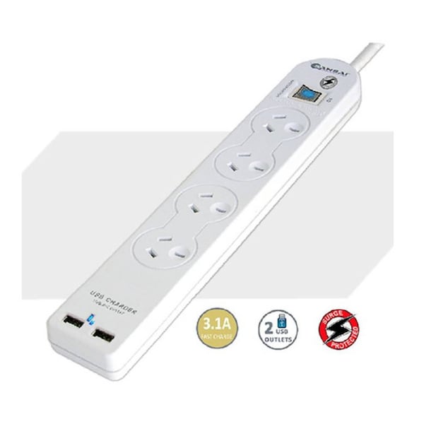 Sansai 4 Way Basic Powerboard USB Ax2 4 Outlets Master Switch Surge