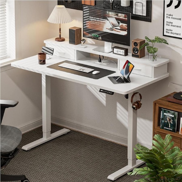 Tioiear Electric Standing Desk with 2 Drawers, Height Adjustable Sit Stand Desk with Built-in AC & USB Outlets White