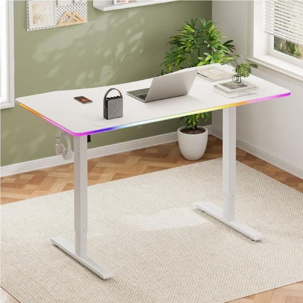 Tioiear Electric Standing Desk, Height Adjustable Sit Stand Desk with RGB LED Lights for Home Office&Gaming White