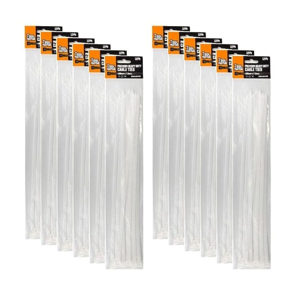 12x 12PK Tool Masters Heavy Duty Plastic Cable/Zip Ties 400x7.6mm Assorted