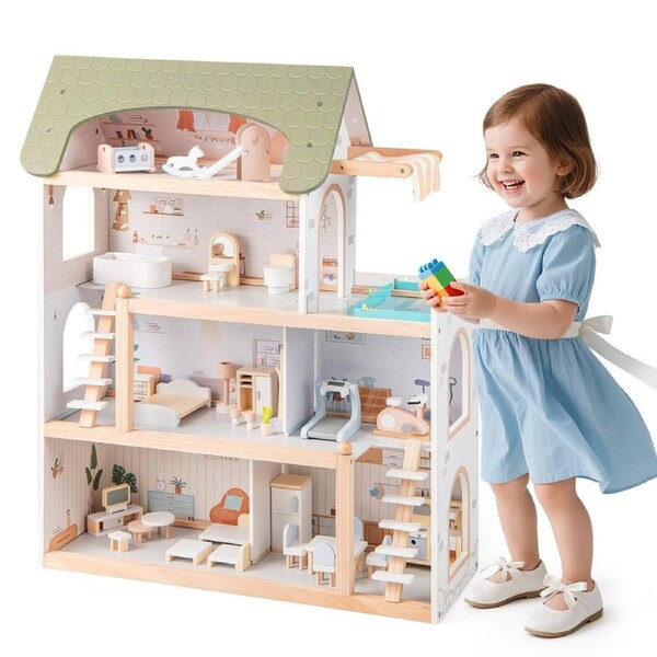 Babyjoy DIY Pretend Play Toy Doll House Dollhouse Playset w/Furniture Accessories Xmas Gift