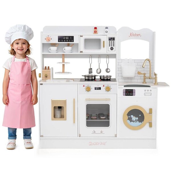 Babyjoy Chef Pretend Play Kitchen Set Toy Kids Kitchen Playset w/Stoves Faucet Microwave Oven White