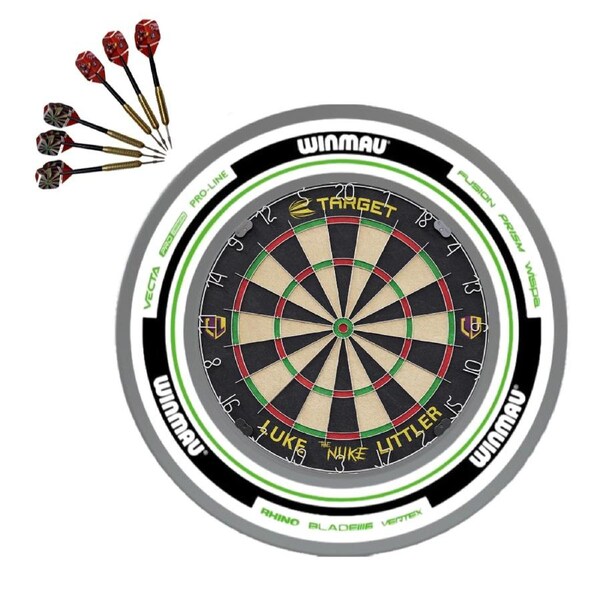 Target Darts Luke Littler The Nuke Dartboard + Winmau Advance White Green Surround + Darts