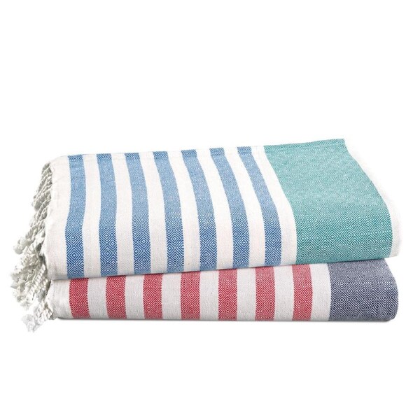 Set of 2 Diamond Turkish Beach Towels - Green Red Stripe