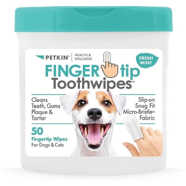 Petkin Fingertip Tooth Wipes for Dogs & Cats ? 50 Pack ? Dental Cleaning Wipes with Aloe & Mint