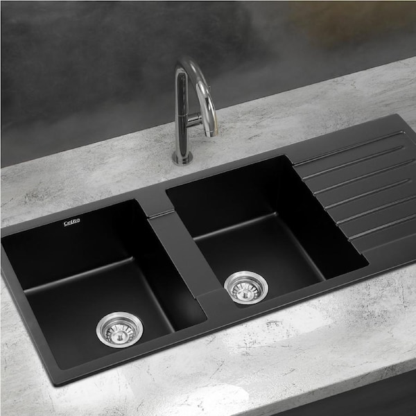 Cefito 116x50cm Kitchen Sink Granite Stone Sink Double Bowl Black Under/Flush/Drop-in Mount
