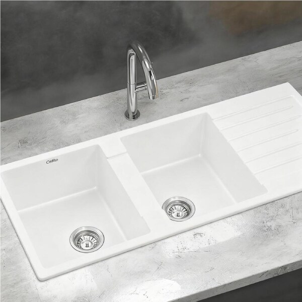 Cefito 116x50cm Kitchen Sink Granite Stone Sink Double Bowl White Under/Flush/Drop-in Mount