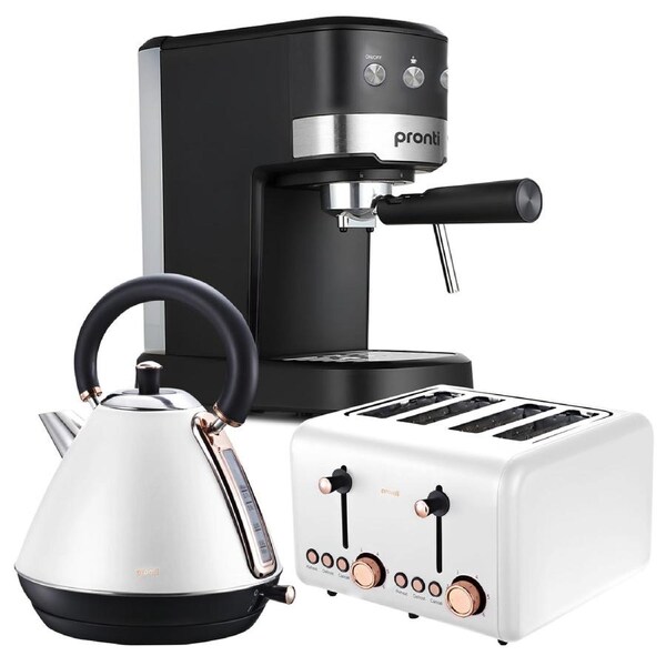 Pronti Breakfast Set with Rose Gold Kettle & Toaster with 1.25L Espresso Machine - White