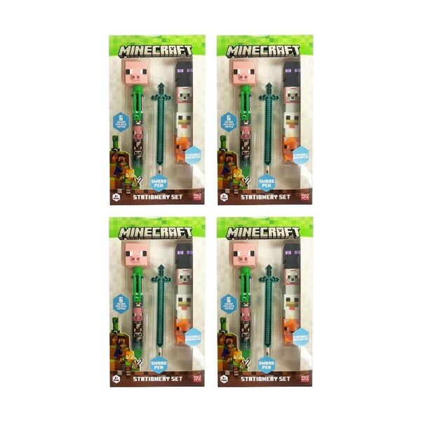 4PK Minecraft Theme Kids Stationery Set w/Pens & Highlighters Fun Gift 3y+