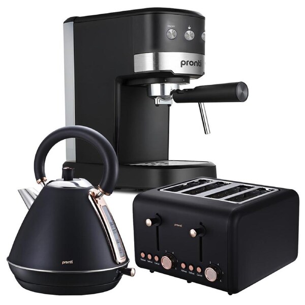 Pronti Breakfast Set with Rose Gold Kettle & Toaster with 1.2L Espresso Machine - Black