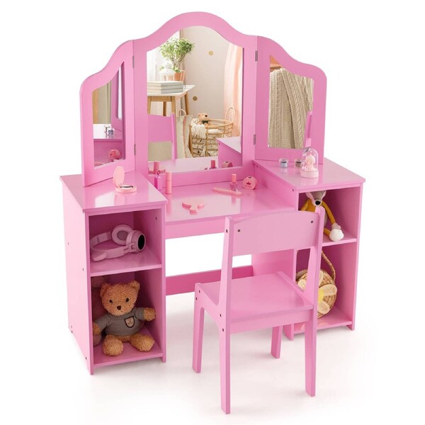 Babyjoy 2-in-1 Princess Makeup Vanity Set Dressing Table & Chair Set w/Tri-Folding Mirror
