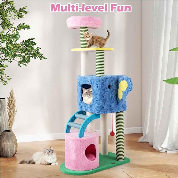 Costway Elephant Cat Tree Kitty Tower Indoor Plush Pet Condo House Scratching Post w/Padded Perch Dangling Ball