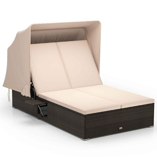 Costway 2 Seat Daybed Patio Rattan Sunbed 6-position Chaise Lounge Chair Loveseat Sofa w/Canopy Side Table