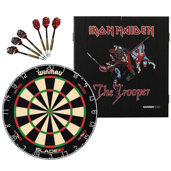 Winmau Blade 6 DUAL CORE Dart Board + Iron Maiden The Trooper Cabinet + Darts