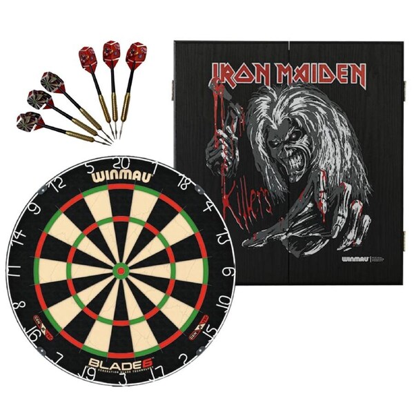 Winmau Blade 6 Dart Board + Iron Maiden Killers Dartboard Cabinet + Darts Set