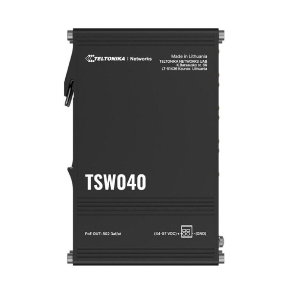 Teltonika TSW040 - 8-port PoE+ Switch (7-57 VDC, or 44-57 VDC for PoE-out) Integrated DIN Rail Bracket - 10/100 Mbps, supports auto MDI/MDIX crossover
