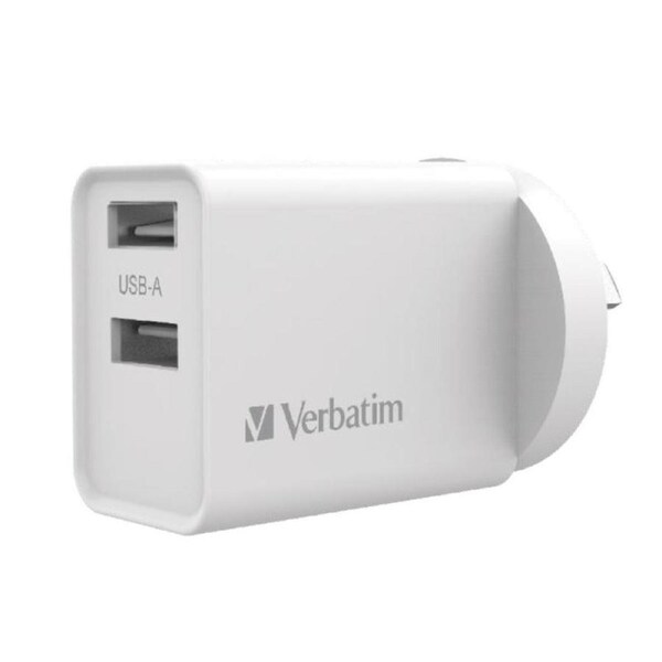 Verbatim USB Charger Dual Port 2.4A each Total 5v 3.4A White Wall Charger