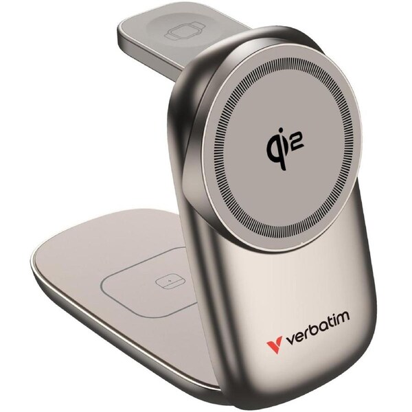 Verbatim 3 in 1 Wireless Docking Qi2 Certified, Magnetic Wireless Charging. 2.5W/5W/15W