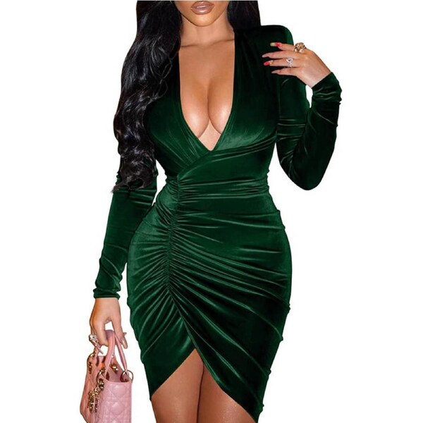 Nevenka Womens Sexy V Neck Dress Long Sleeve Velvet Ruched Bodycon Dresses-Green S