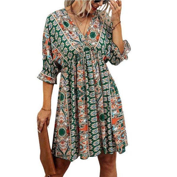 Nevenka Womens Boho Dress Tribal Print Short Sleeve V Neck Tie Back Summer-Green S
