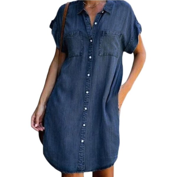 Nevenka Women Denim Shirt Dress Short Sleeve Button Loose Casual Long Dresses-Navy Blue M