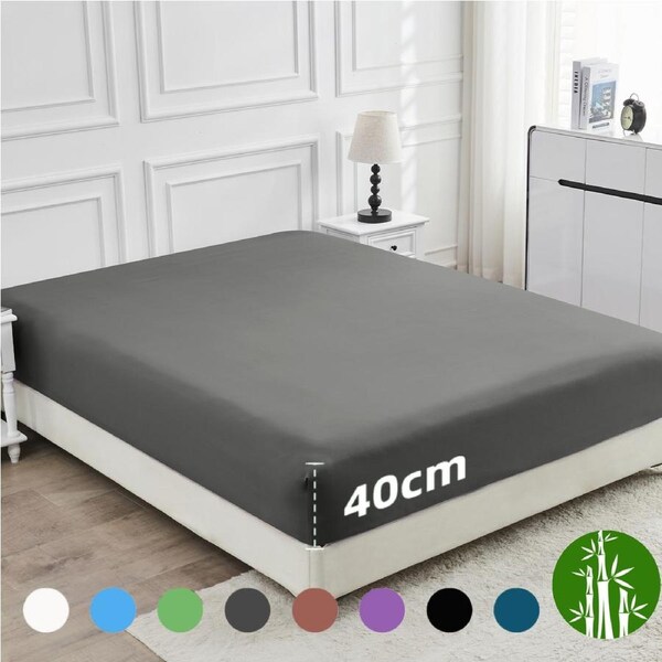 LINENOVA 2000TC Cooling Bamboo Ultra Soft Fitted Sheet Deep Pocket S/KS/Double/Queen/King Bed Single / Dark Grey