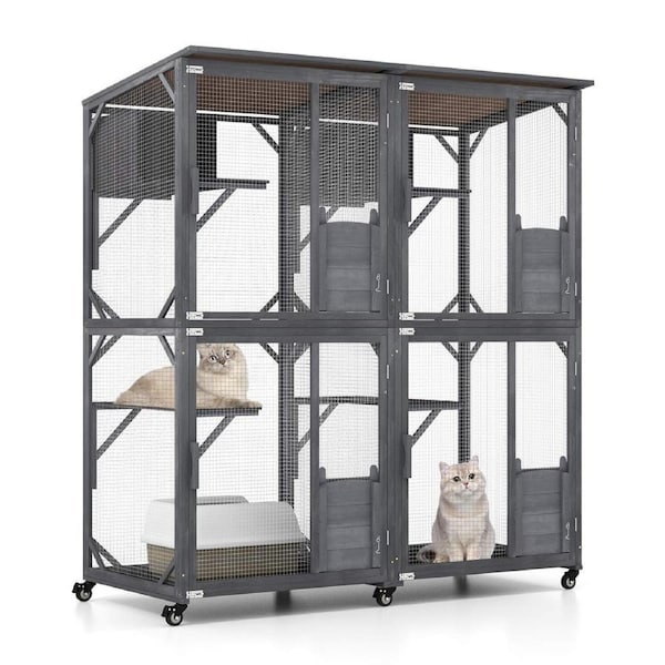 Costway 182cm Cat Condo House Indoor Outdoor Kitten Cage Enclosure Catio w/Weatherproof Asphalt Roof Wooden Walk-in Pet Kennel