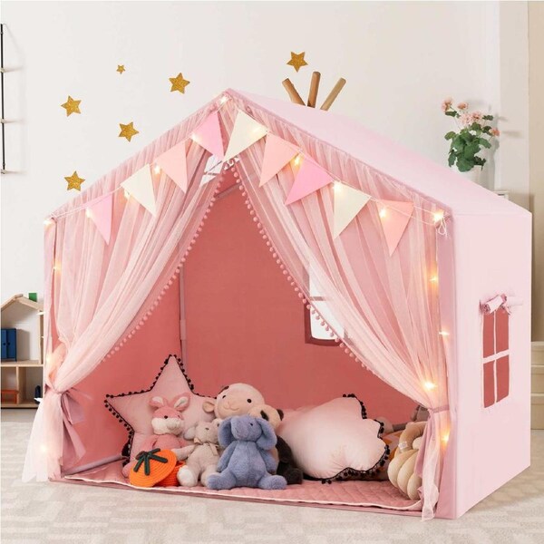 Costway Play Tent Large Playhouse Indoor Washable Teepee Tent w/Door Curtains Windows Star Lights Colorful Flags Pink