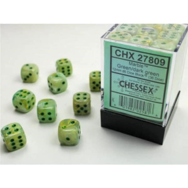 Dice - Chessex 12mm 36 D6 Marble Green/Dark Green