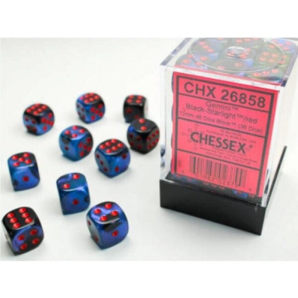 Dice - Chessex 12mm 36 D6 Gemini Black-Starlight/Red