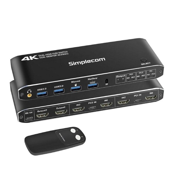 Simplecom KM430 Dual HDMI Monitor KVM Switch for 2 Computers with 4-Port USB Hub 4K@60Hz Keyboard Hotkey