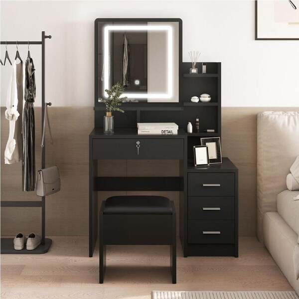 ALFORDSON Dressing Table Set Stool LED Drawers Black