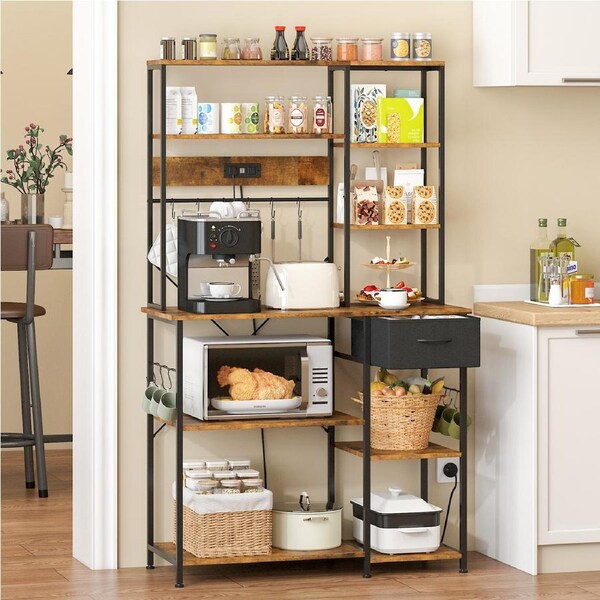Advwin Large Bakers Rack with Power Outlets 6-Tier Microwave Stand Coffee Bar Kitchen Shelf with Fabric Storage Drawer 100 x 40 x 165 cm Rustic Brown
