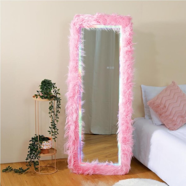 Freya & Sol Glam Standing Furry Mirror with RGB & Tri-Tone Lighting - Pink