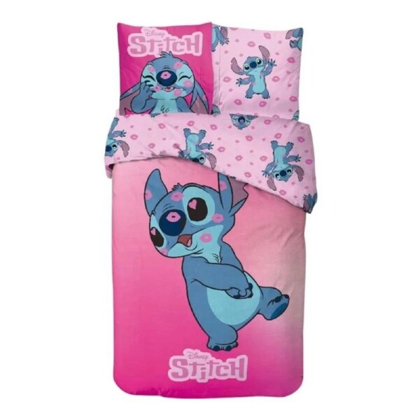 Disney Lilo & Stitch Rose Kiss Cotton Quilt Cover Set - Single Bed Size