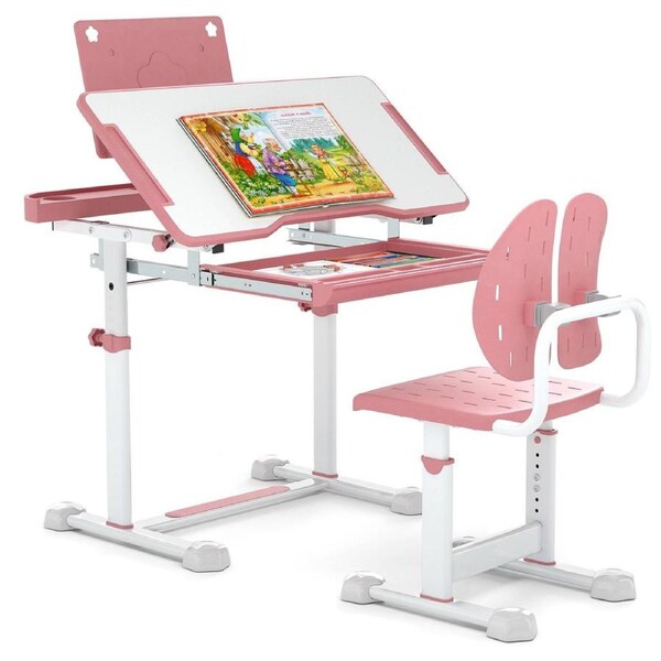 Giantex Ergonomic Writing Table & Chair Set Study Desk & Chair Set w/Tilt Desktop Book Stand Pink