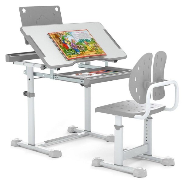 Giantex Ergonomic Writing Table & Chair Set Study Desk & Chair Set w/Tilt Desktop Book Stand Grey