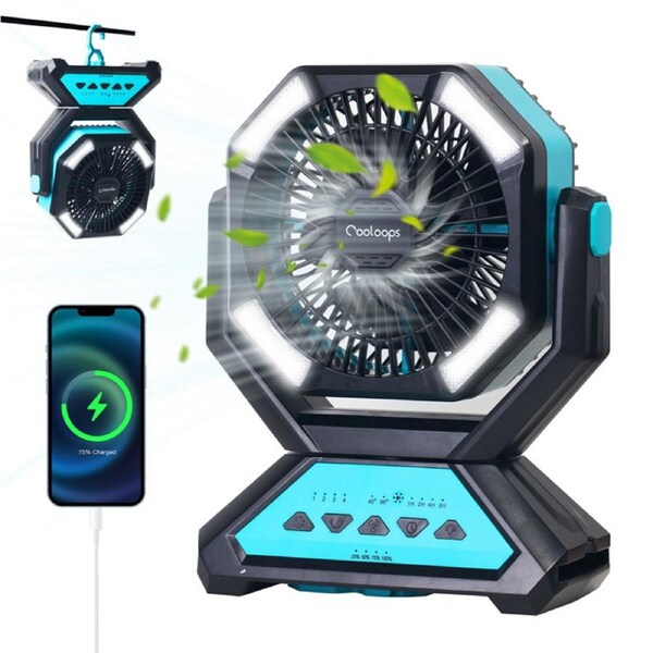 Nevenka 20000mAh Rechargeable Camping Fan with LED Light Hook 4 Timers Desk Fans -Blue