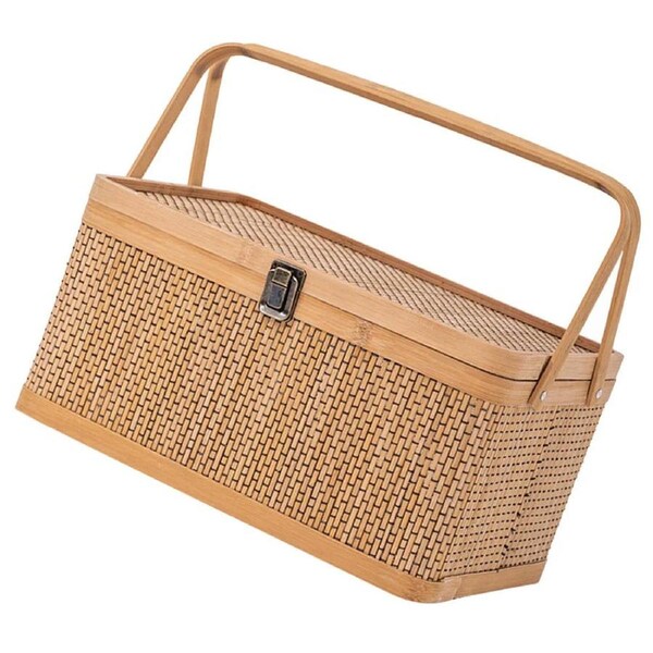 Woven Storage Basket With Locking Lid For Picnic